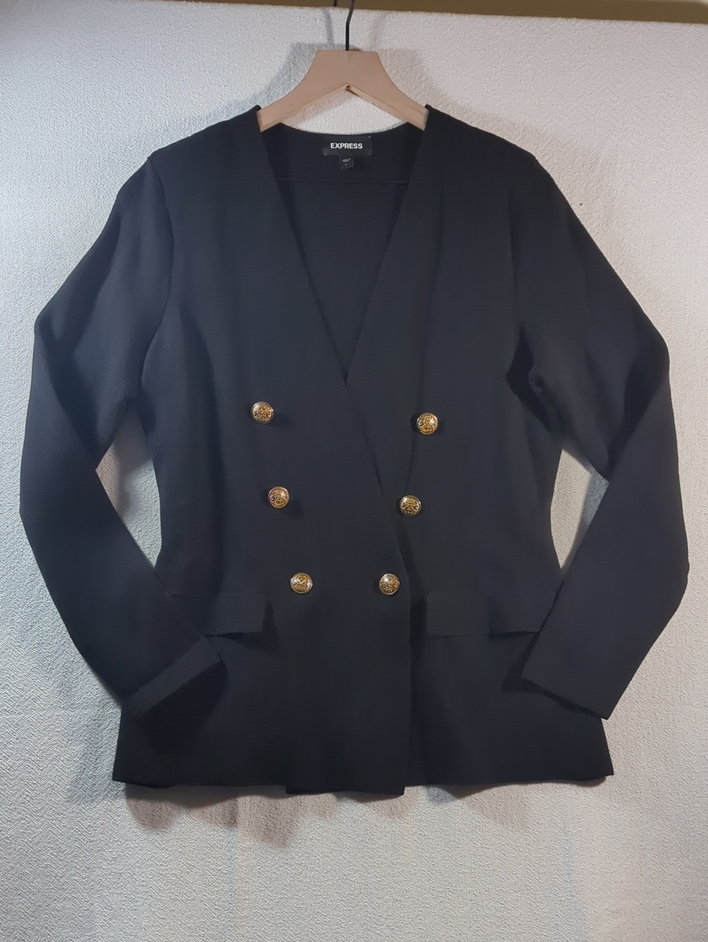 Express Black Collarless Double Breasted Blazer Embossed Gold Military Buttons M